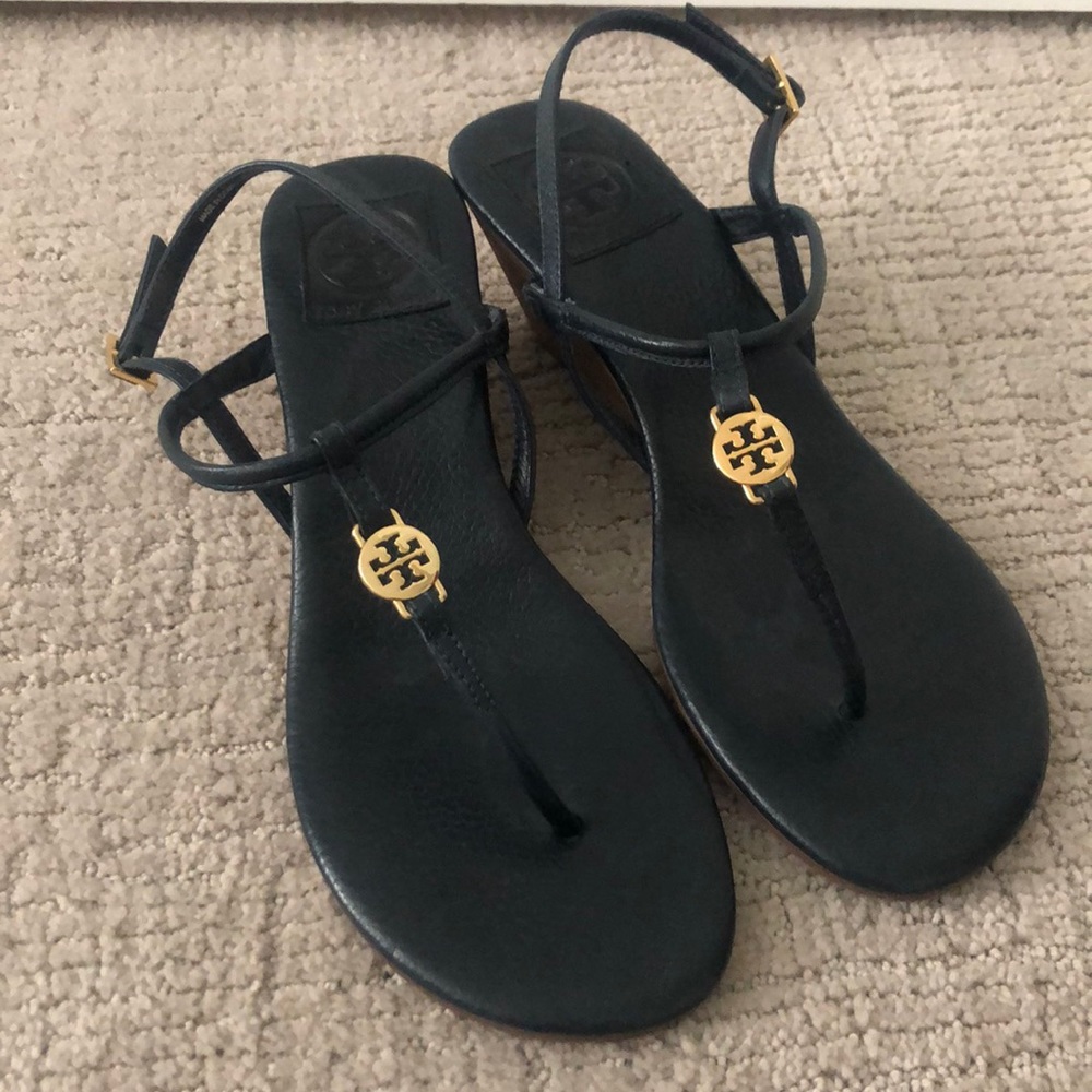 Never worn Tory Burch navy wedge slingback sandals